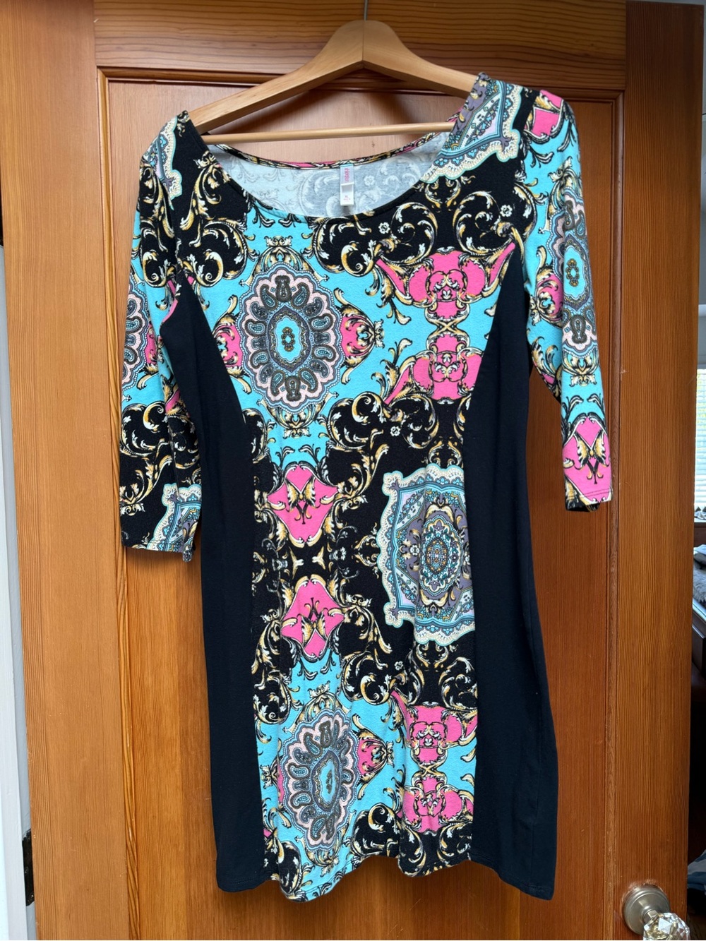 Turquoise, Pink and Black Medallion Print Midi Dress (95% Cotton, 5% Spandex)